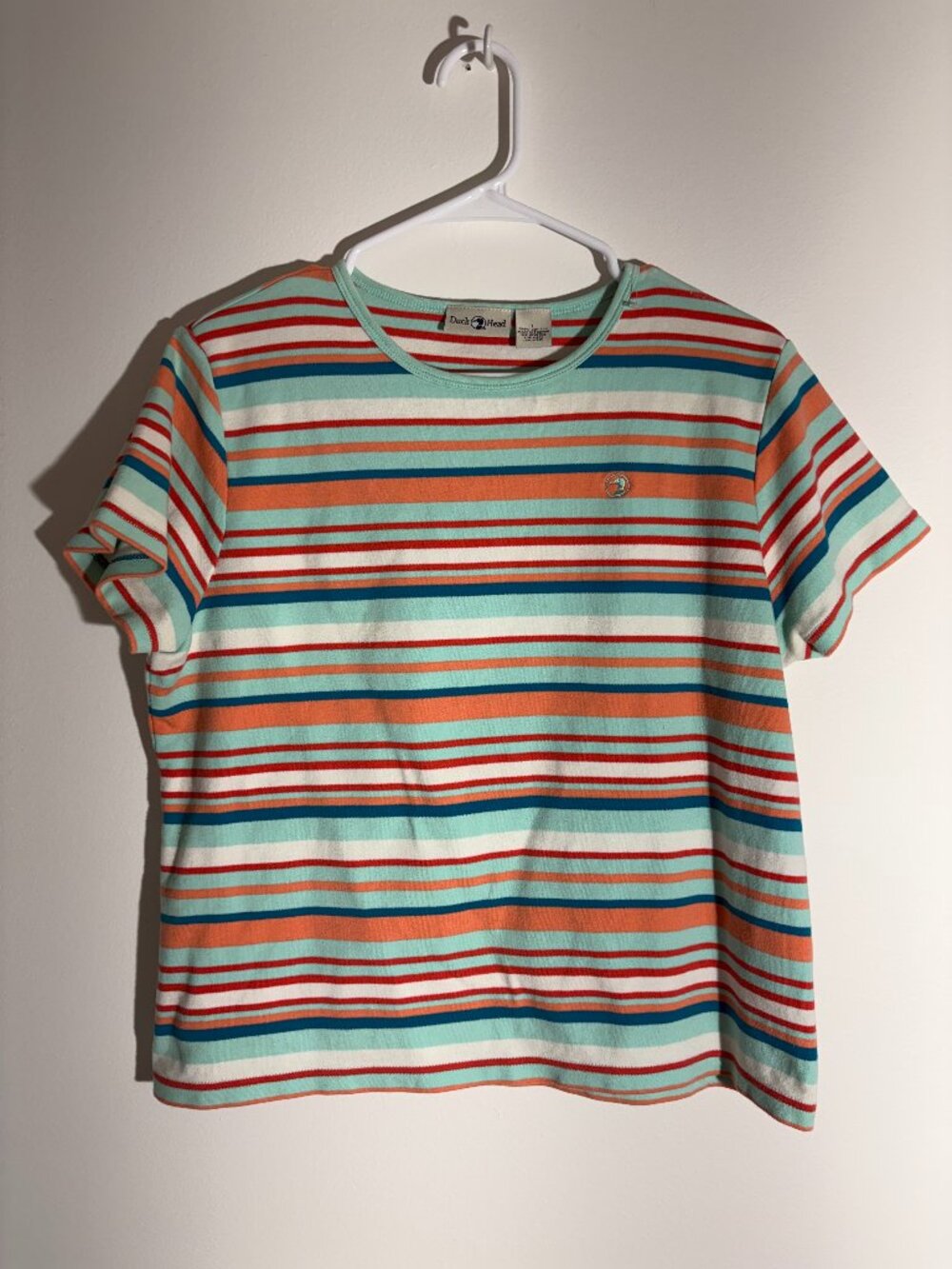 Vtg 90s Duck Head Striped T Shirt Mint Green Coral Pastel Embroidered Logo L